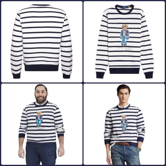 POLO RALPH LAUREN Men’s Navy Blue/White Polo Bear Striped Fleece Sweatshirt - Picture 15 of 16